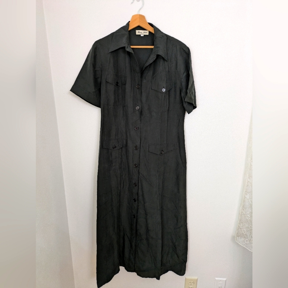 Vintage maxi 100% silk black shirt dress